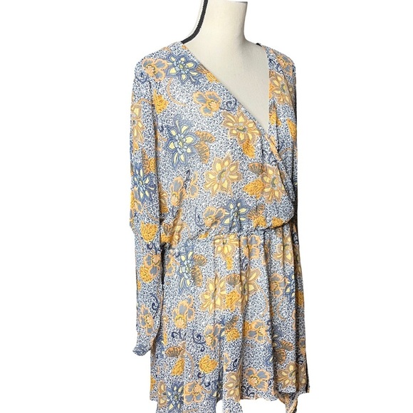 New Free People Teegan Floral Wrap Mini Dress Blue Golden White S Boho Chic - Picture 5 of 15